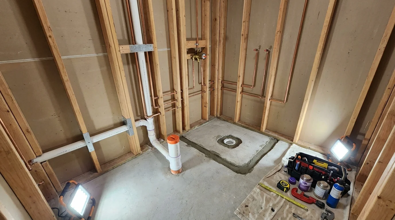 Bathroom rough-in plumbing during remodel by Johns Plumbing LLC in Mayflower