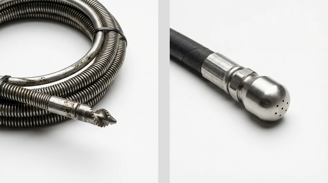Drain snake cable and hydro jetting nozzle used for drain cleaning in Mayflower, AR