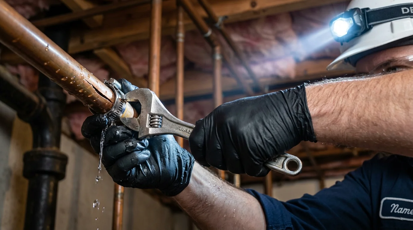 Emergency pipe clamp repair being performed by a Johns Plumbing LLC plumber in Mayflower