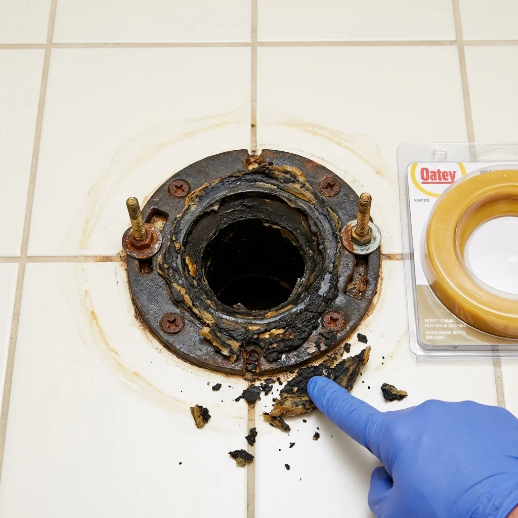 Failed wax ring showing water seepage at the base of a toilet in a Mayflower, AR home