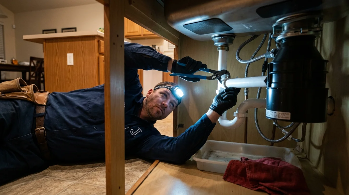 P-trap and supply line connections under a kitchen sink showing a common leak point in Mayflower, AR